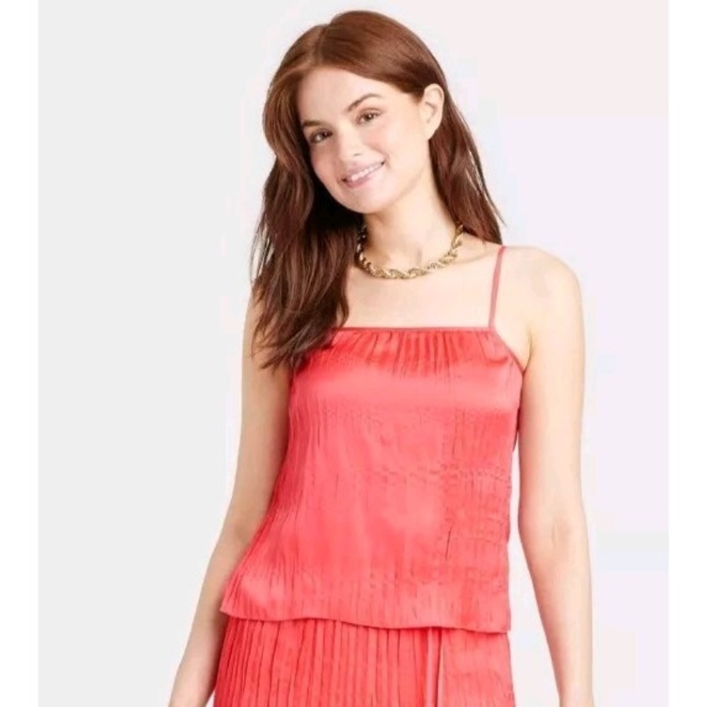 A New Day Blouse Womens Size Small Satin Coral Pleated Cami Square Neck